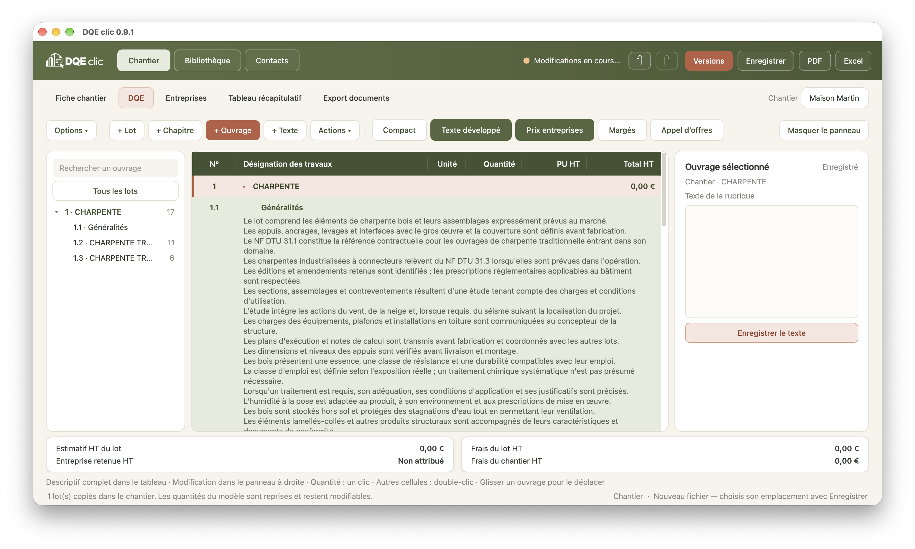 Interface DQE de la version 0.9.1 : arborescence, descriptif développé, quantités, prix et panneau de texte
