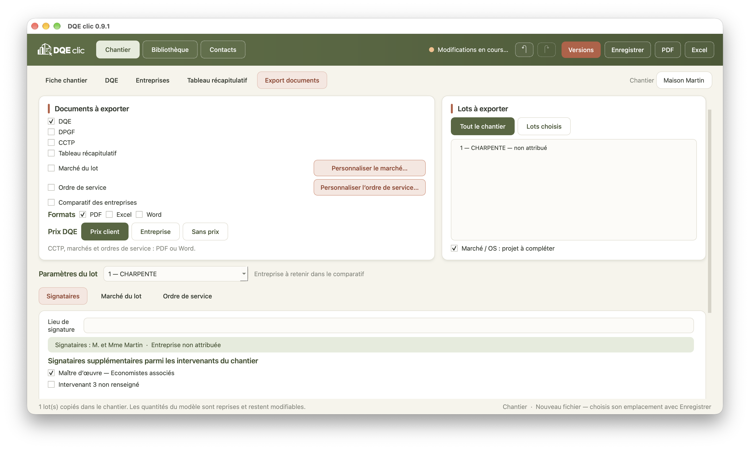 Vue Export documents de DQE clic 0.9.1 : choix des documents, formats PDF Excel Word et lots